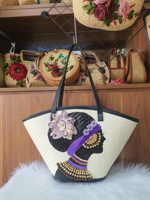 Handbag Woven With Rattan Fibers, Leather Handle
