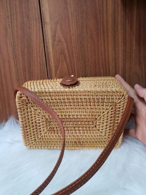 Mini Leather strap suitcase, woven with rattan fibers and bamboo strips, metal snap buttons