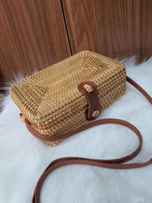 Mini Leather strap suitcase, woven with rattan fibers and bamboo strips, metal snap buttons